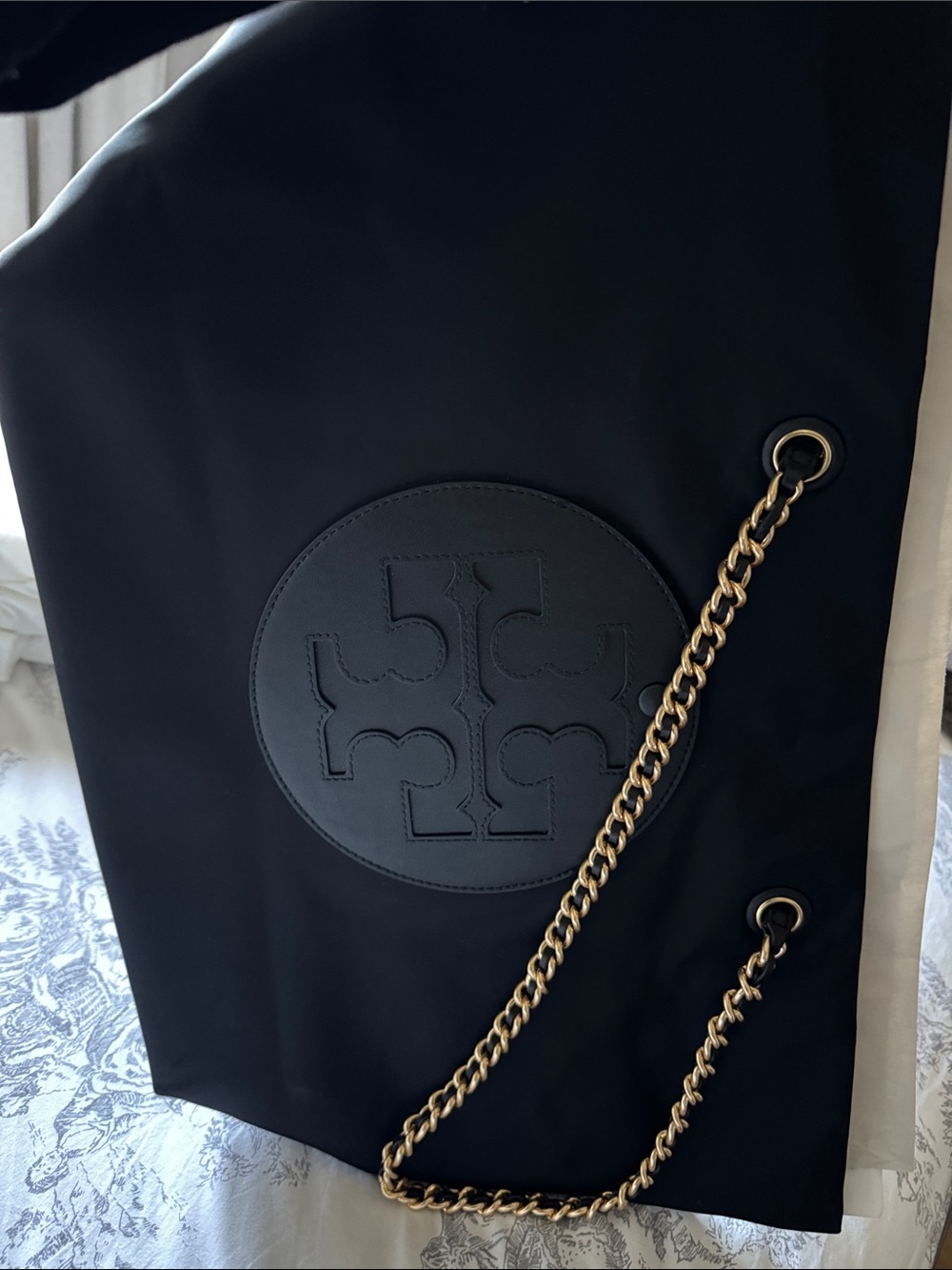 Tory Burch Black Nylon Tote with Gold Chain Strap and Logo New!